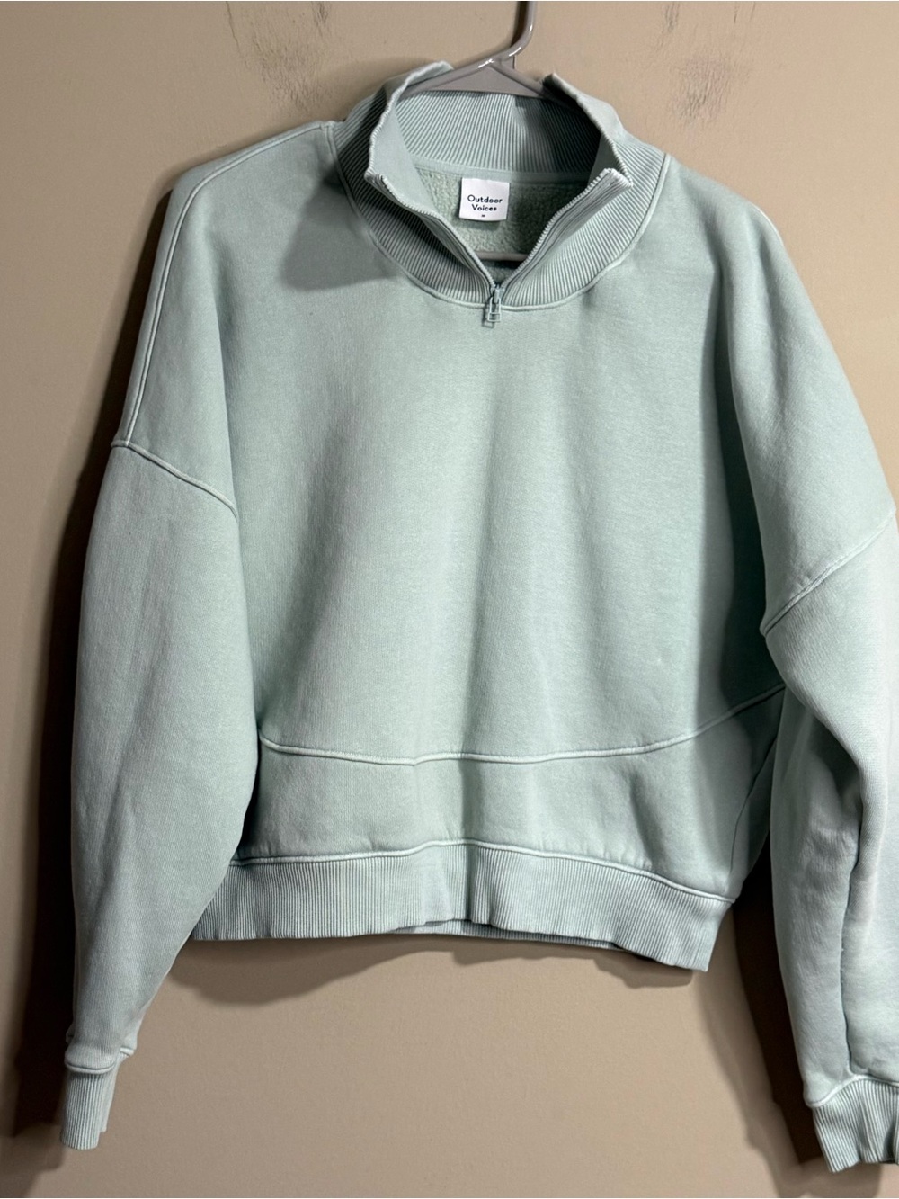 Outdoor Voices Mint Green Organic Cotton Quarter Zip Cropped Sweatshirt M - Picture 2 of 7